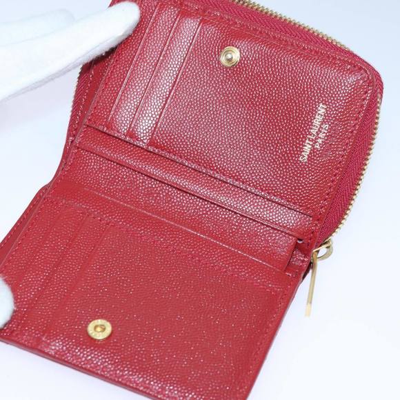 SAINT LAURENT Compact Wallet Leather Red Gold BOW01 Auth 85840 - Picture 9 of 16